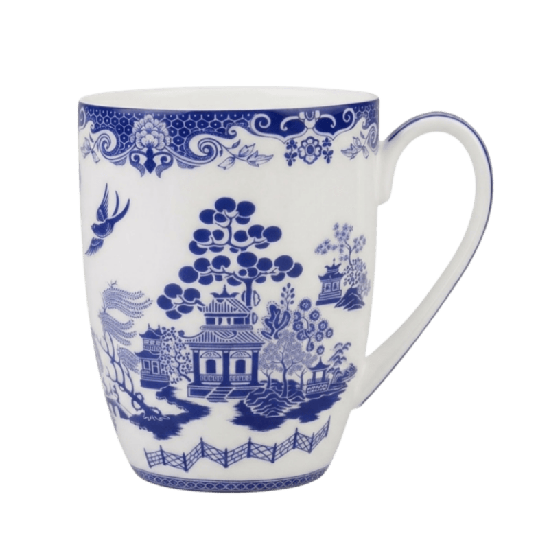 Willow Blue chinoiserie design on a white fine bone china latte mug. 12.5 oz capacity, microwave and dishwasher safe. 