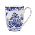 Willow Blue chinoiserie design on a white fine bone china latte mug. 12.5 oz capacity, microwave and dishwasher safe. 