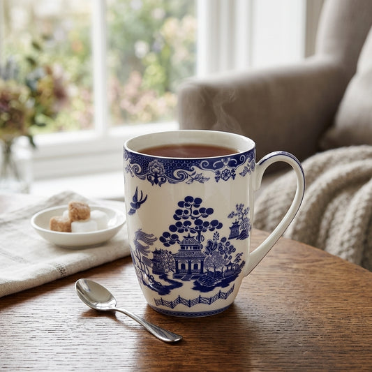 Willow Blue Latte mug with Chinoiserie patterns in a cozy home setting