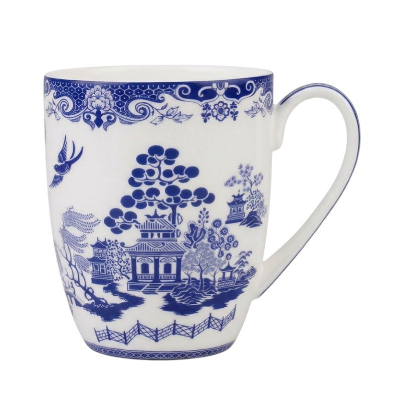 Blue and white Willow Blue print Latte mug, 12.5 oz (375 ml) fine bone china, front view, handle right.