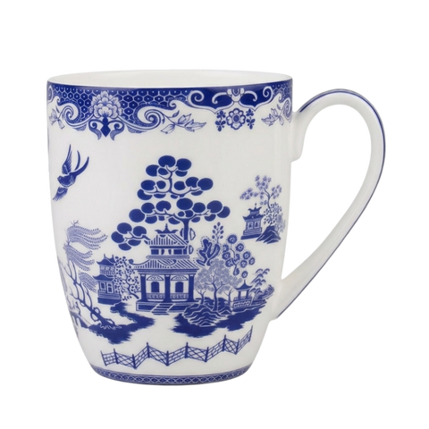 Blue and white Willow Blue print Latte mug, 12.5 oz (375 ml) fine bone china, front view, handle right.