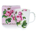 Pink roses fine bone china Java mug with matching gift box, 12.5 oz (375 ml), front view, handle right