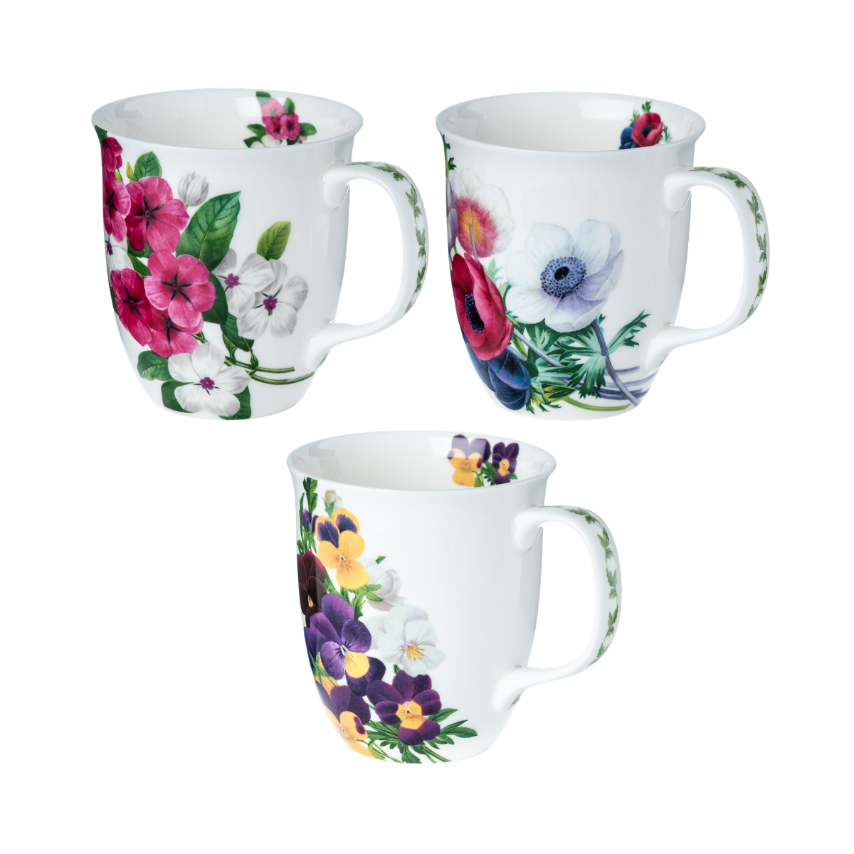 Bundle of 3 Garden Botanicals Collection Blossom Java Mugs in fine bone china, front view, handle right featuring Phlox, Anemone and Viola designs. 