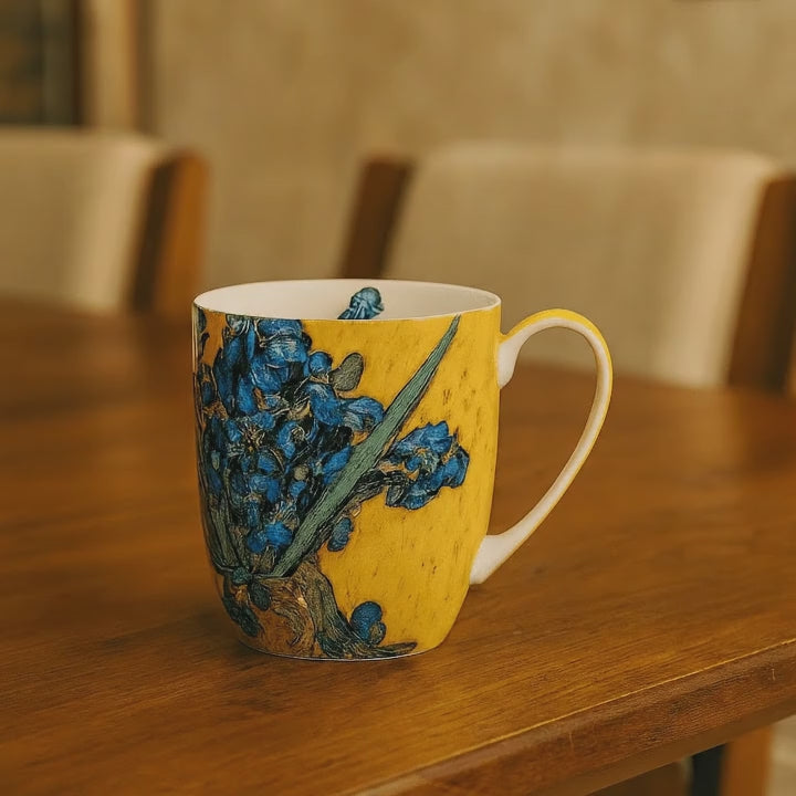 Irises by Vincent Van Gogh Latte mug shown with coffee in a Kitchen setting