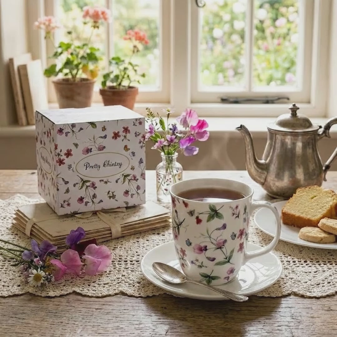 Chintz Sweet Pea Java mug shown with matching gift box in fine bone china, 12.5 oz (375 ml)