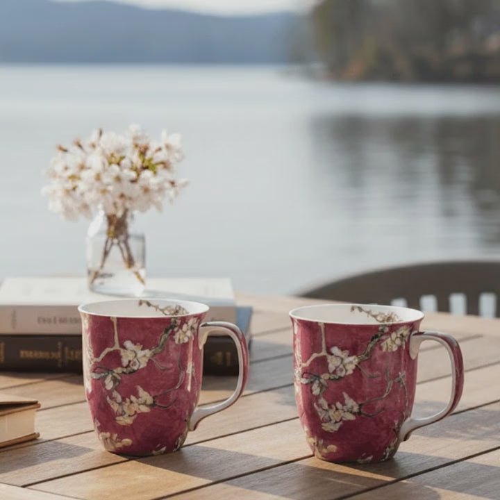 Almond Blossom Red by Van Gogh Java mug pair in a waterside setting 360 view