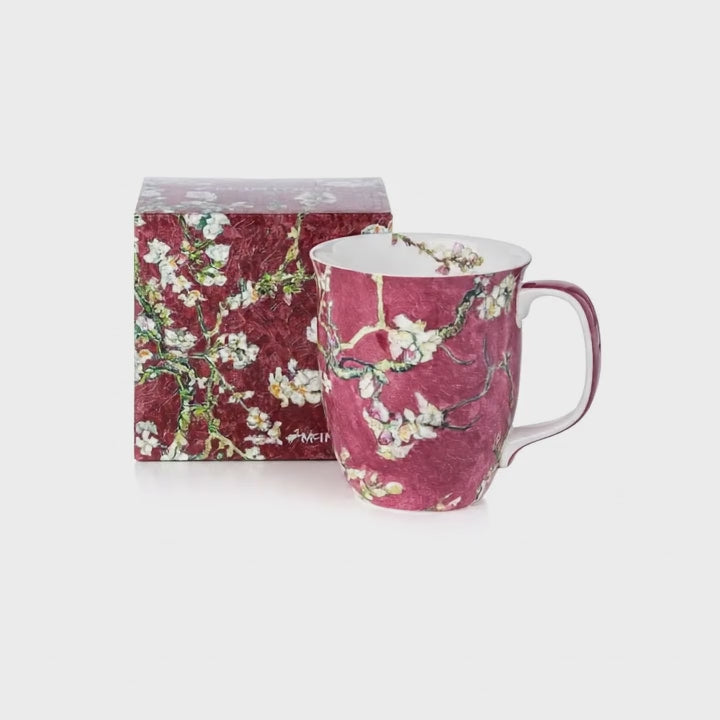 Almond Blossoms Red by Vincent Van Gogh Java mug in fine bone china, 12.5 oz (375 ml), angled view in fine bone china, front view, handle right