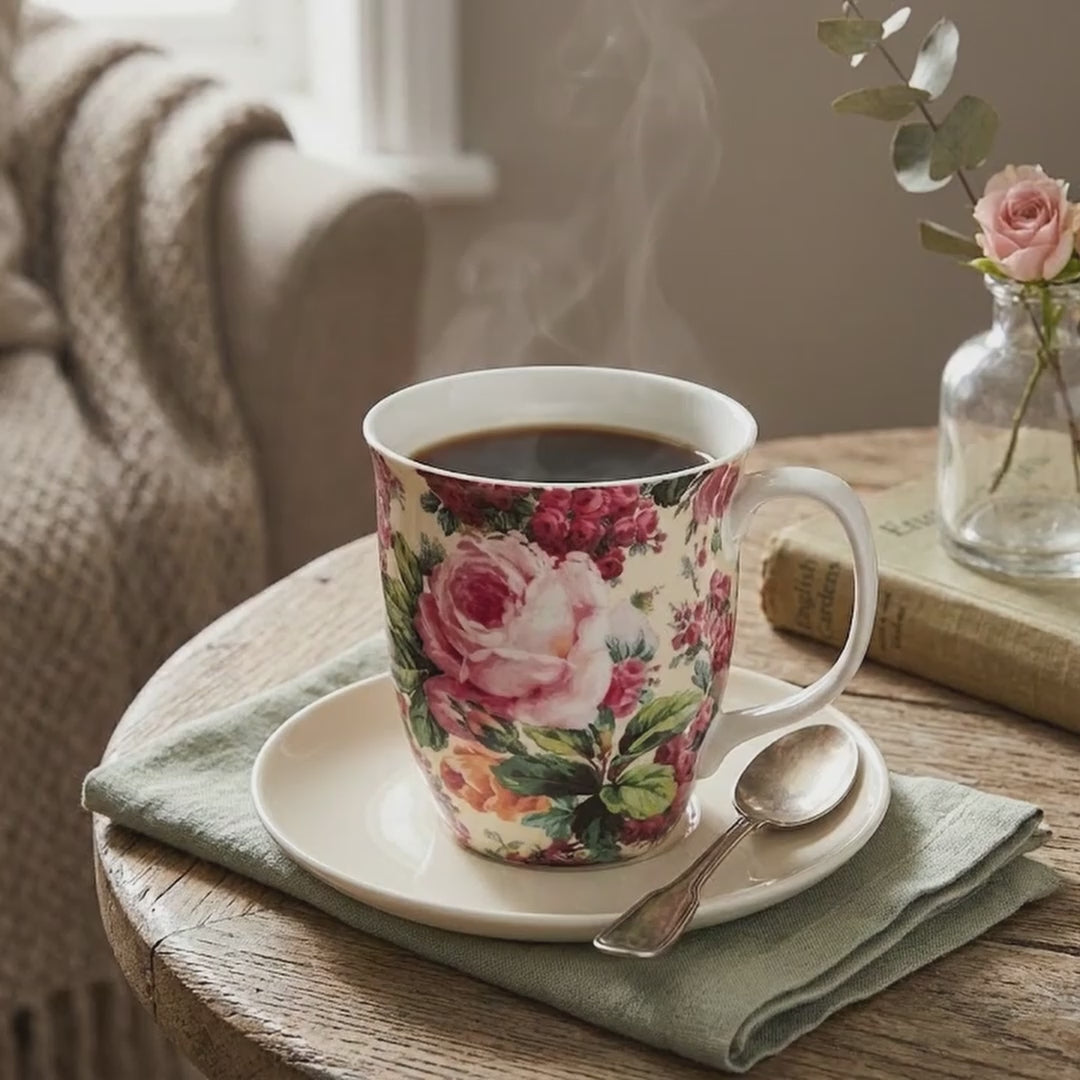 Pretty Chintzy Collection Rose Bouquet Java mug in fine bone china, 12.5 oz (375 ml), angled view in fine bone china, front view, handle right