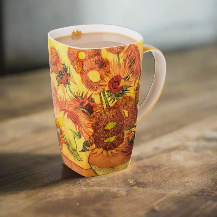 Fine bone china Grande mug featuring Van Gogh Sunflowers artwork, shown with coffee in a clean, styled setting