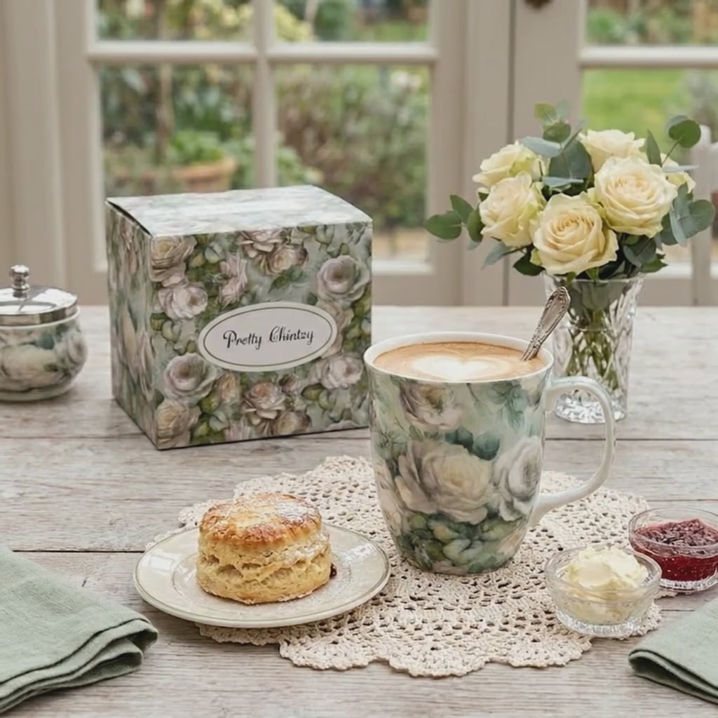 Chintz White Roses Java mug shown with matching gift box in fine bone china, 12.5 oz (375 ml)