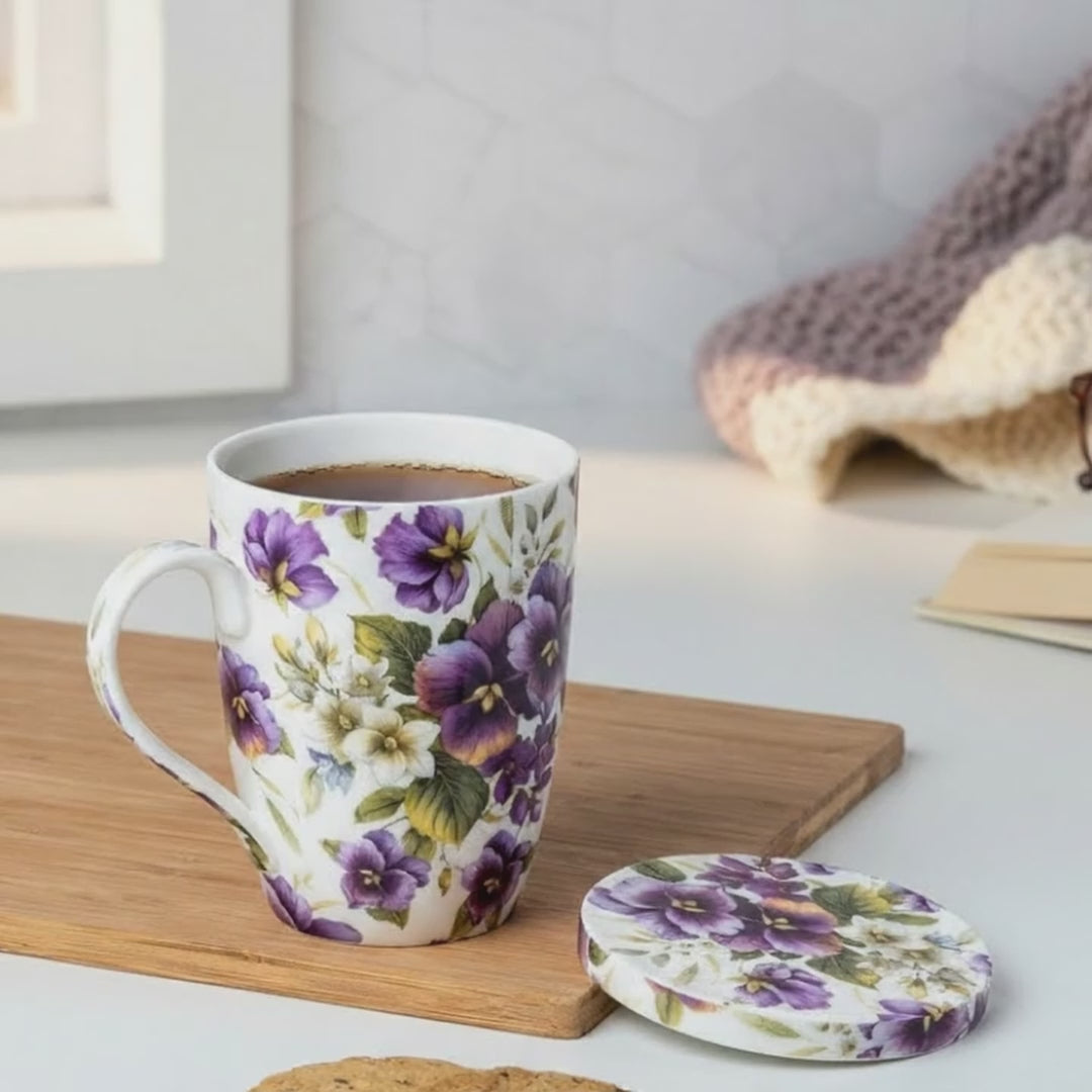 Chintz Purple Pansies Tea Mug in fine bone china, product video preview, styled in a kitchen setting with tea