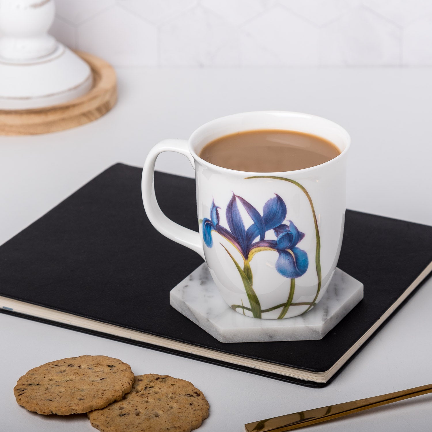 Garden Collection Blue Iris Java mug with coffee in a kitchen setting