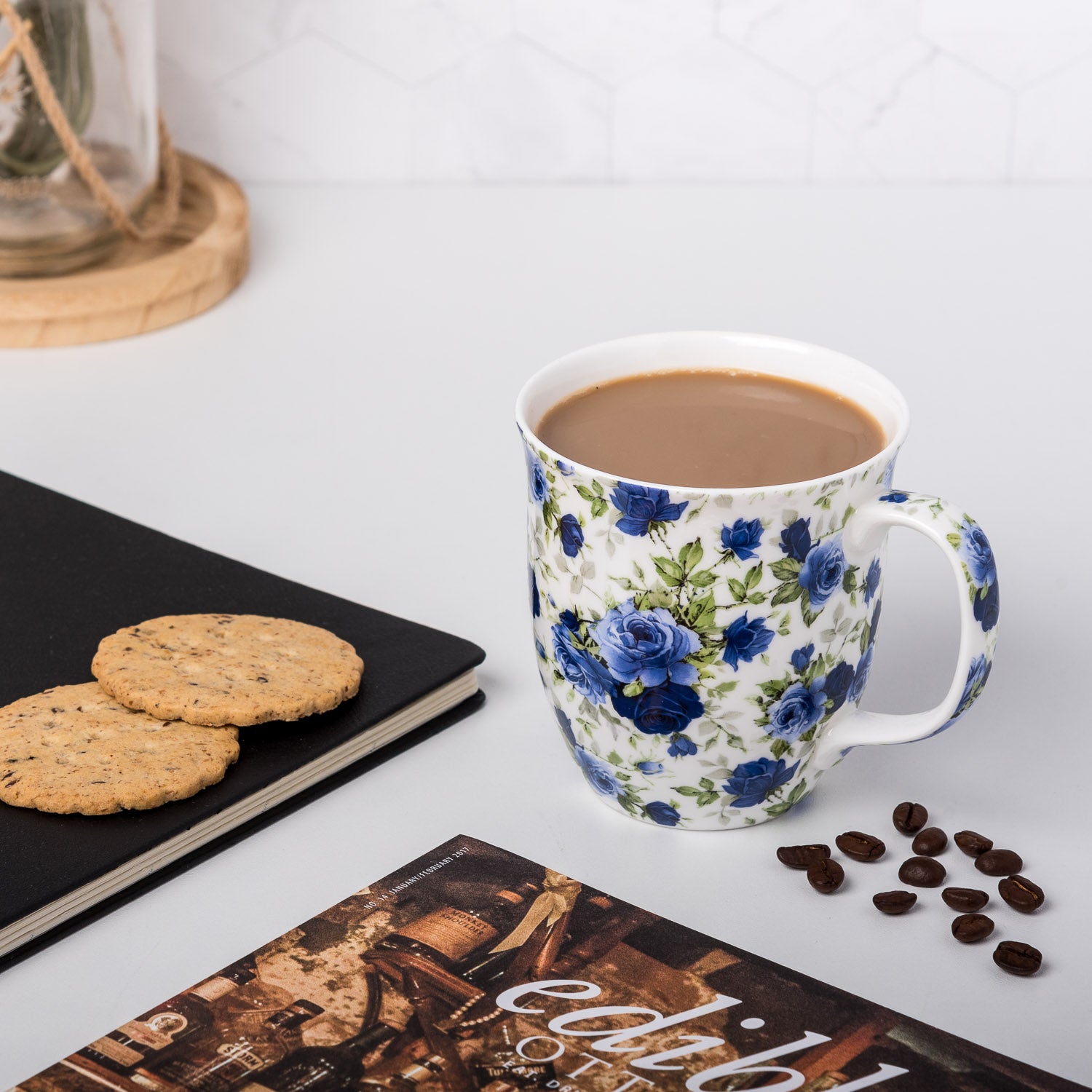 Pretty Chintzy Collection Dark Blue Roses Java mug with coffee in a kitchen setting