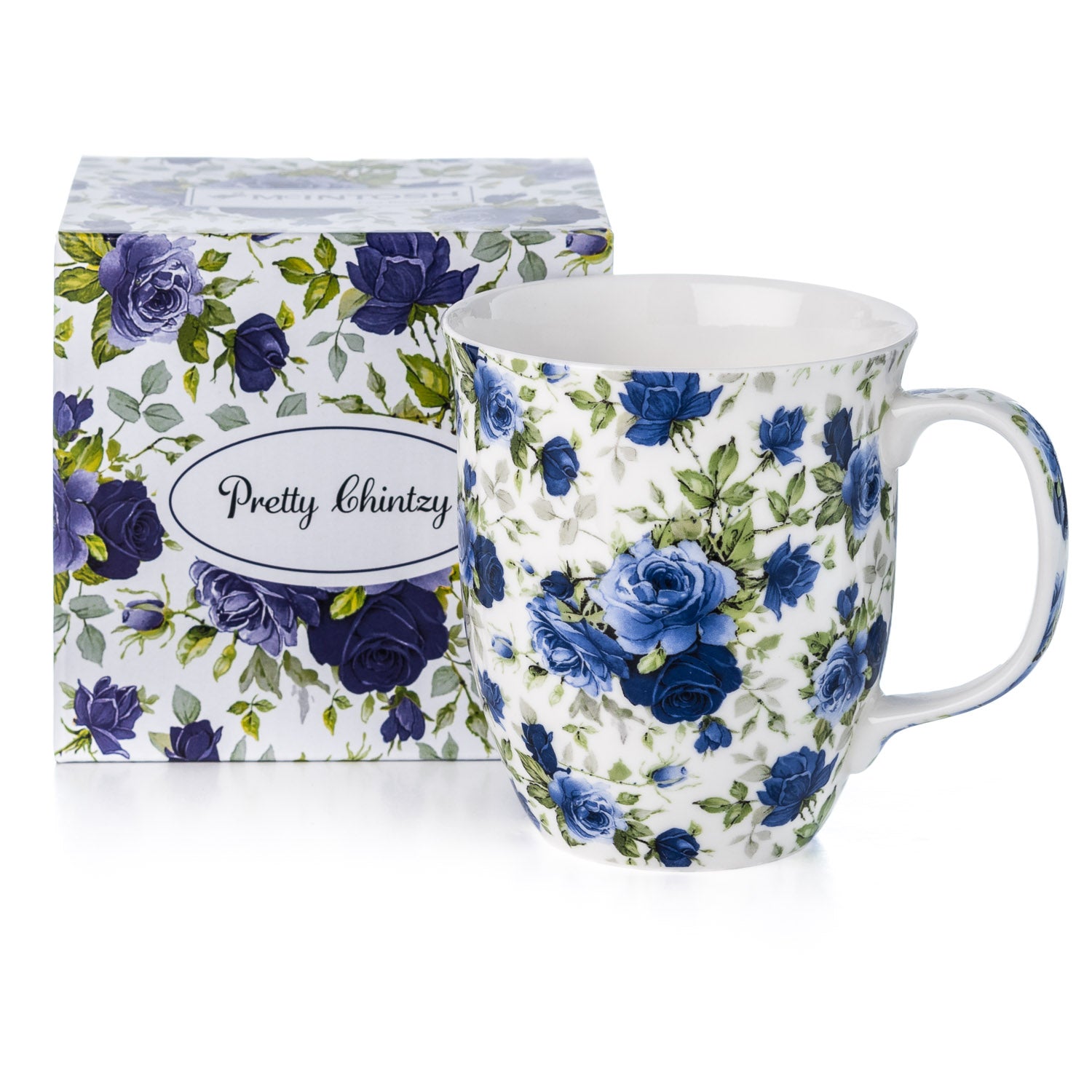 Pretty Chintzy Collection Dark Blue Roses Java mug with matching gift box, fine bone china, 12.5 oz (375 ml)