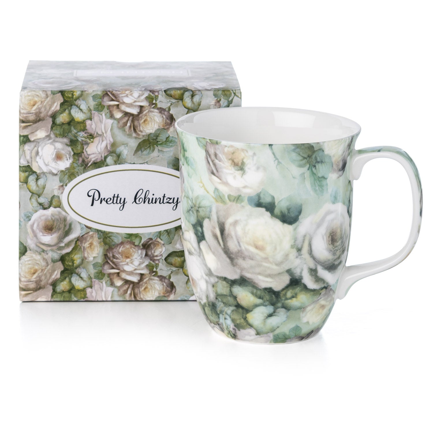 Chintz White Roses Java mug with matching gift box, fine bone china, 12.5 oz (375 ml)