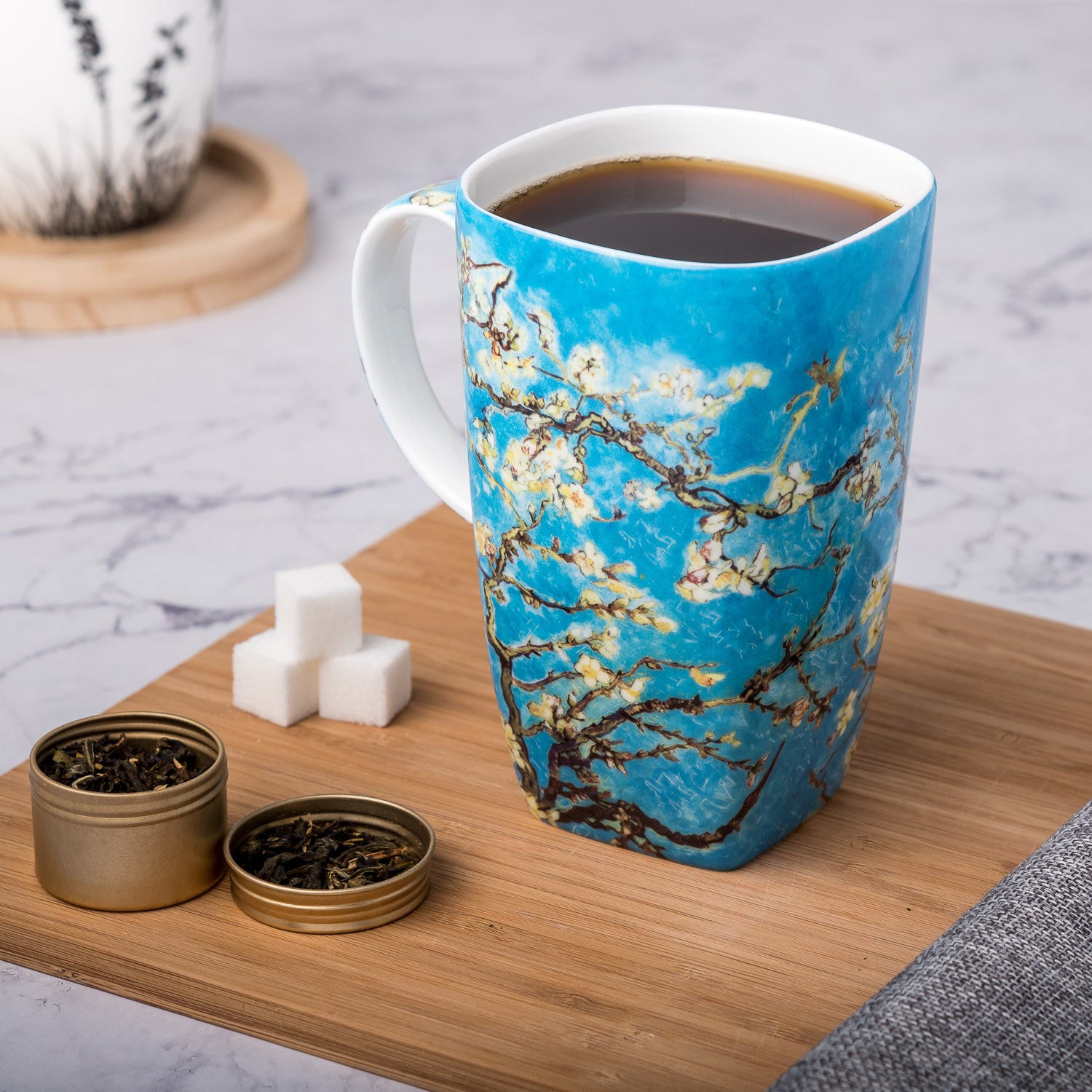 Van Gogh Almond Blossom Grande Mug, lifestyle image styled in a kitchen setting, with tea