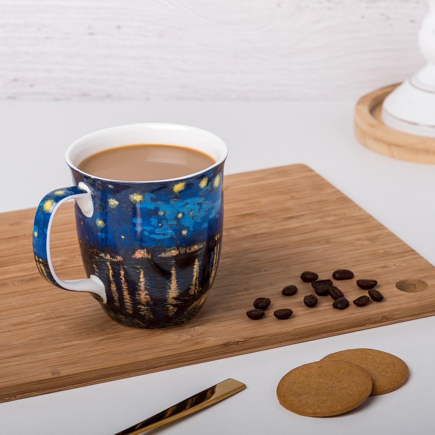 Starry Night over the Rhone by Vincent Van Gogh Java mug with coffee in a kitchen setting